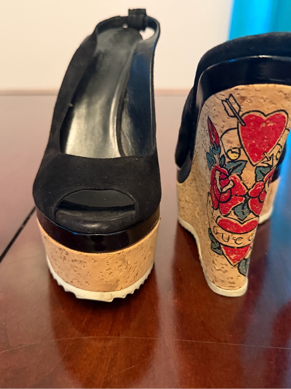 Gucci Black Suede Cork Platform Peep-Toe Wedges with Red Rose Tattoo Motif